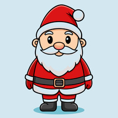 Cute Santa Christmas greeting card. Cute vector icon of santa with christmas gift .Cute cartoon character. Vector illustration. with a cute Santa Claus, a christmas tree, presents and ornaments.
