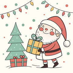 Cute Santa Christmas greeting card. Cute vector icon of santa with christmas gift .Cute cartoon character. Vector illustration. with a cute Santa Claus, a christmas tree, presents and ornaments.
