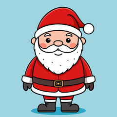 Cute Santa Christmas greeting card. Cute vector icon of santa with christmas gift .Cute cartoon character. Vector illustration. with a cute Santa Claus, a christmas tree, presents and ornaments.
