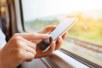 Traveler using smartphone while working remotely during train ride, enjoying scenic views through window, capturing the essence of modern commuting and digital nomad lifestyle