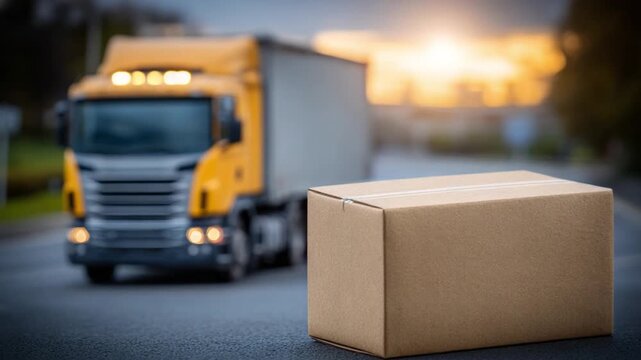 Box Delivery and Logistics: A cardboard box sits ready for transport in the foreground, with a large, yellow semi-truck blurred in the background.