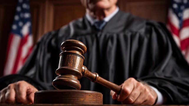 A judge is holding a gavel and wearing a robe. Concept of authority and solemnity