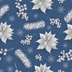Christmas botanical seamless pattern with fir branches, mistletoe, poinsettia.