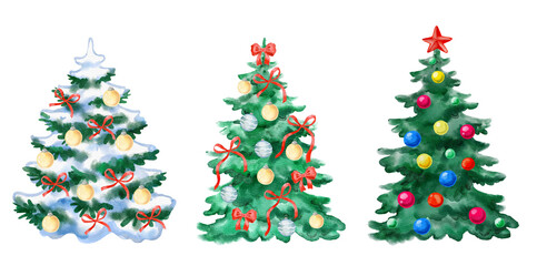Watercolor Christmas trees decorated with ornaments, bows, lights, and festive holiday elements. Hand-painted winter illustration perfect for cards, décor, printables, and seasonal design projects.