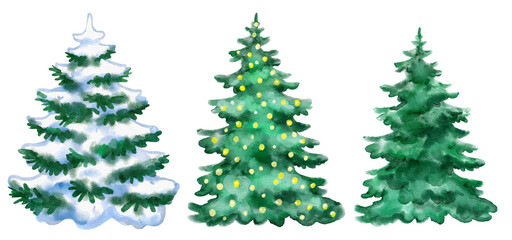 Watercolor Christmas trees with snow, warm glowing lights, and natural evergreen textures. Hand-painted winter illustration perfect for cards, décor, seasonal designs, and holiday creative projects.