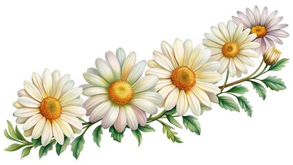 Fototapeta premium A Beautiful Bouquet of Daisies with Green Leaves on a White Background