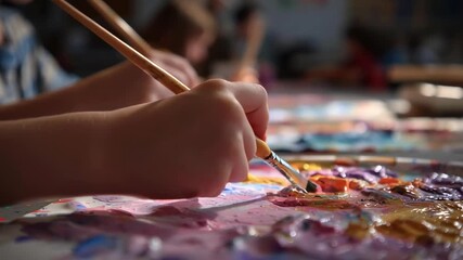 A group of children are painting on a table with a variety of colors. Scene is cheerful and playful, as the children are engaged in a fun activity together - Powered by Adobe
