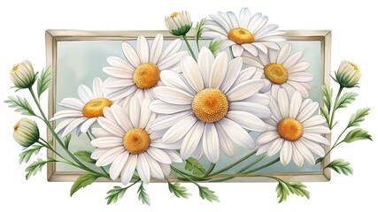 Obraz premium Watercolor painting of daisy flowers in a picture frame arrangement artwork