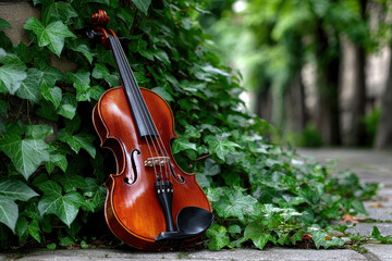 Beautiful violin resting against a wall covered in lush green ivy on a peaceful street