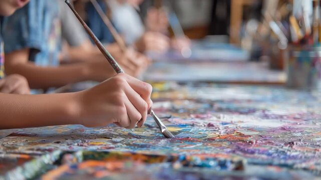 A group of people painting a large canvas with a variety of colors. Scene is lively and creative, as the people are actively engaged in the painting process
