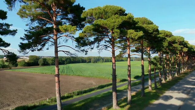Ultra HD 4K footage of tall pine trees growing in rows alongside a road and plowed farmland preventing dust formation and enhancing landscape stability after dry sunny days for agricultural stock