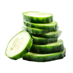 Freshly sliced green cucumber rings stacked together isolated on transparent background