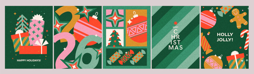 Merry Christmas, Happy New Year posters, greeting cards, covers. Bright colorful modern geometric style. Green, red, pink, golden holiday colors. Design for season greetings, ads, shop sale.