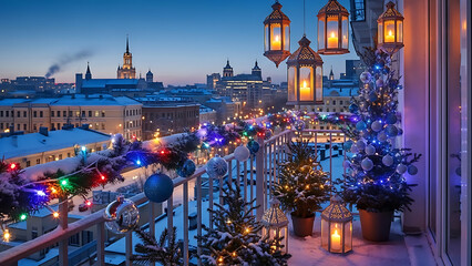 Cozy modern balcony decorated for Christmas with string lights and city view