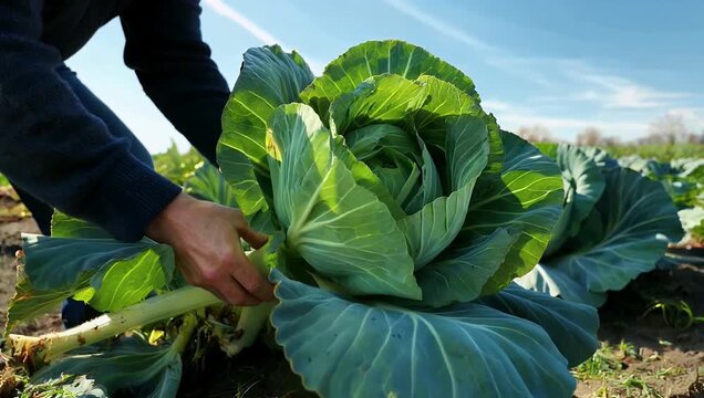 Agricultural 4K close up of a vast field during the summer season showcasing a generous cabbage harvest where the broad cabbage leaves are beautifully illuminated by the bright sunlight