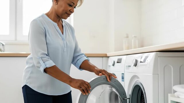 Woman loads laundry into washing machine, highlighting everyday chores. capturing simplicity and routine in home settings.