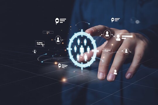 Hand interacting with futuristic digital target audience selection interface