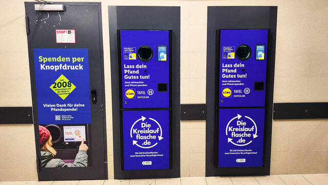 ISERLOHN, GERMANY &mdash; NOVEMBER 27 2025: Lidl plastic bottle return machine located inside store entrance area today