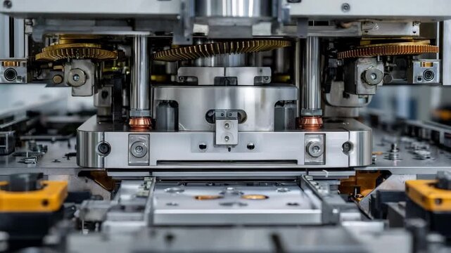 Medium shot highlighting the synchronized operation of roboticsassisted stamping press ensuring accuracy and efficiency in production.