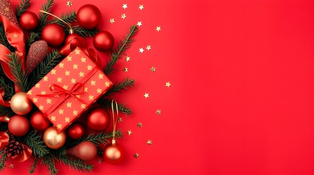Vibrant Christmas scene with red gifts, gold ornaments, and pine branches on a red backdrop, ideal for holiday greetings and festive celebration themes
