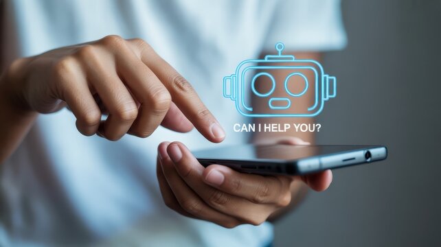 A person is using a smartphone with a digital assistant interface, asking for help with a futuristic robot icon on the screen for assistance - Powered by Adobe