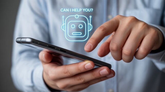 A person uses a smartphone to communicate with a chatbot, showcasing the integration of artificial intelligence in customer service and digital assistance