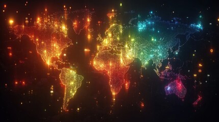 Abstract hologram world map with glowing data points