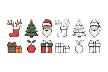 Hand drawn christmas icons featuring santa claus trees and gifts
