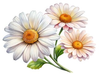 Naklejka premium Watercolor Painting of Three Daisy Flowers with Realistic Detail on White