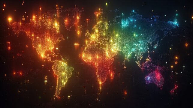 Abstract hologram world map with glowing data points