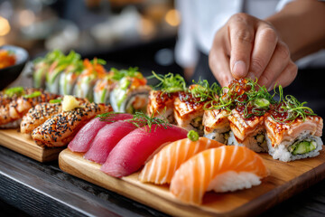 Chef Garnishing Sushi Rolls on Wooden Platter