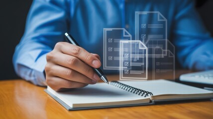 A person is using a pen to write on a notebook with a virtual screen displaying document management for efficient archiving