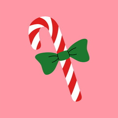 Vector illustration design of a Christmas candy cane with a green bow.