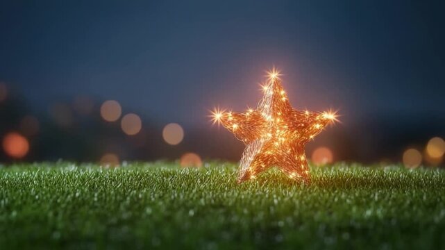 Celestial Ornament: A solitary, radiant star composed of twinkling lights graces a carpet of lush green grass, against a backdrop of soft bokeh, creating a magical scene.