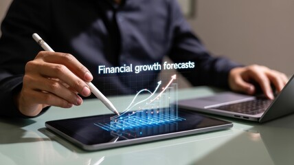 A businessman analyzes financial growth forecasts on a digital tablet, using a stylus pen to interact with the holographic data display