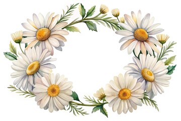 Fototapeta premium Watercolor Daisy Flower Wreath for Elegant Spring and Summer Decor