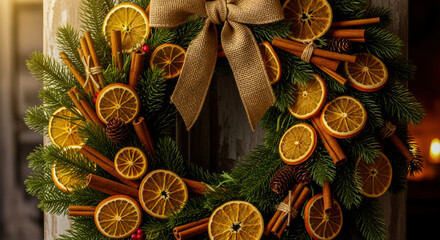 Festive christmas wreath adorned with dried orange slices, cinnamon sticks, pine cones and a rustic burlap bow. isolated on white background, Vector
