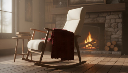 Naklejka premium Cozy Rocking Chair by a Warm Stone Fireplace