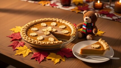 A cozy Thanksgiving table featuring a detailed holiday pie and a small plush doll, surrounded by autumn leaves and warm seasonal d&eacute;cor in a realistic setting.