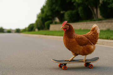 Fototapeta premium Funny chicken on a skateboard on an empty road. Space for text.