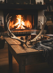 Naklejka premium Antlers and Mug on Rustic Table by Glowing Fireplace