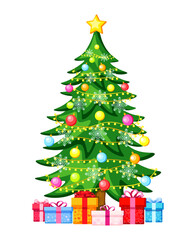 Christmas tree with gift boxes in cartoon style. Vector illustration of festive decorated Christmas tree, gift boxes with different designs: stars, hearts, snowflakes, waves, stripes. New Year gifts.