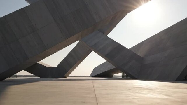 Modern architectural design featuring angular concrete structures with sunlight casting dynamic shadows