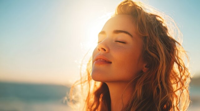 A woman with curly hair stands in the sunlight eyes closed smiling gently. The background features a serene landscape capturing a peaceful moment during the golden hour.