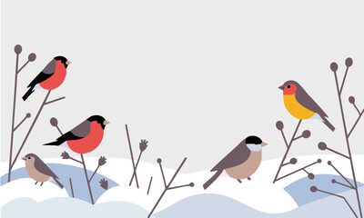 flat winter wildlife birds on dry plants vector, easily editable.
