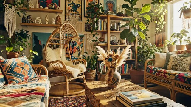 Bohemian Home Interior with Plants and Natural Light - A Cozy and Relaxing Space.