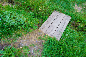 very small bridge made of planks on a green lawn, close view