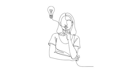 Continuous line art of a woman with a lightbulb symbolizing creativity and new ideas, one stroke drawing