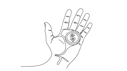 Continuous One Line Art of a Hand Holding a Coin - Minimalist Graphic Design