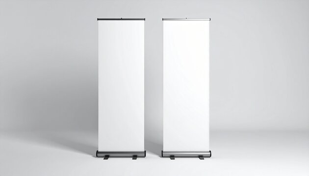 Two blank vertical banner stands with black bases, set against a light gray background for display mockup.